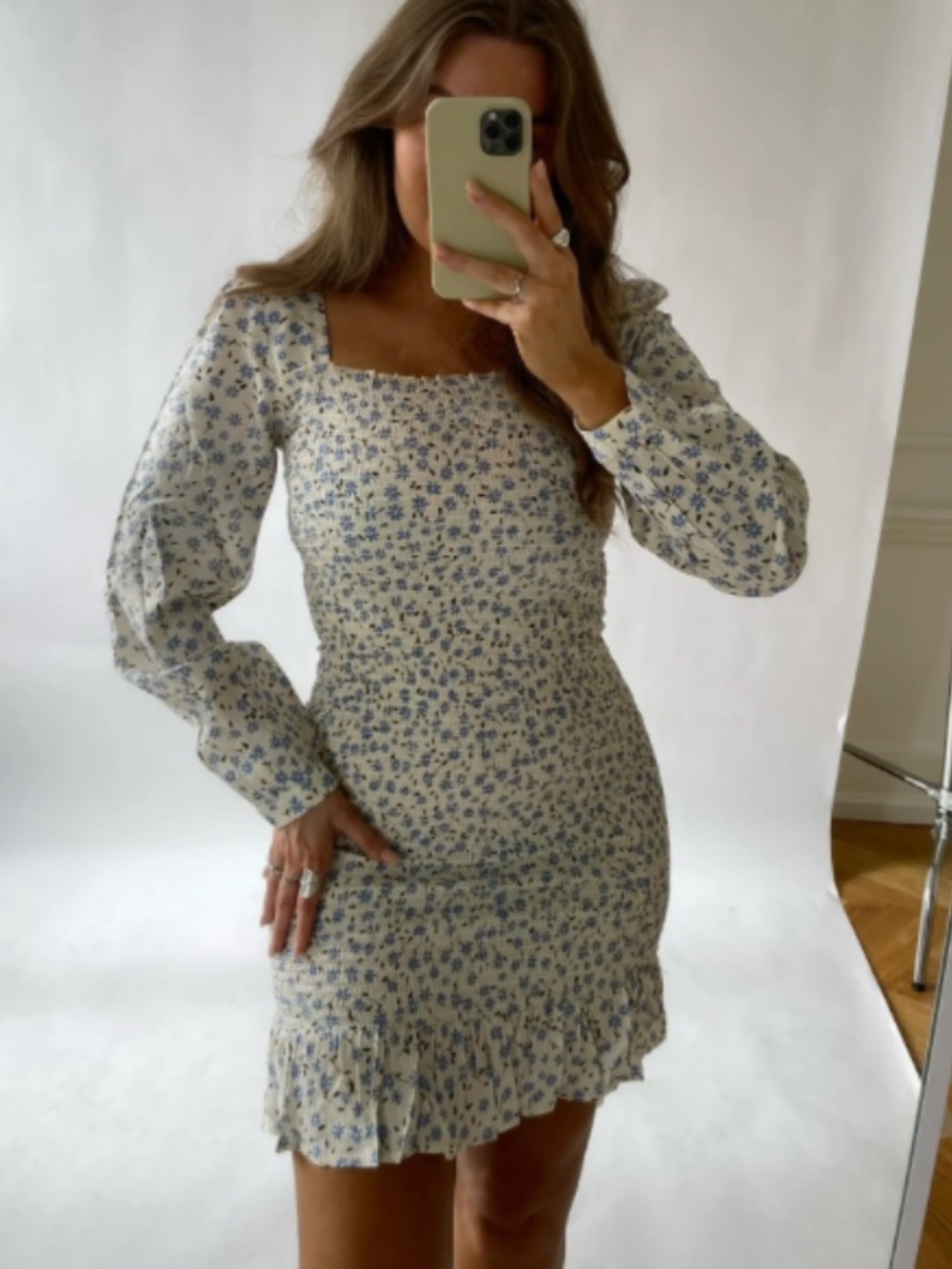 Storia Cream Mini Dress with Blue Floral Print and Puff Sleeves